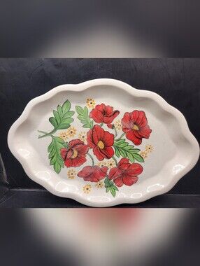 Vintage Floral Ceramic Serving Platter Red Poppy Scalloped Tray Hand Painted